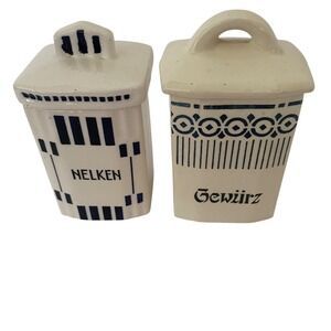 Vintage German Ceramic Spice Canisters Nelken Gewurz Blue White Art Deco Set 2